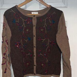 Christopher & Banks Floral Embroidered Cardigan - Brown and Tan